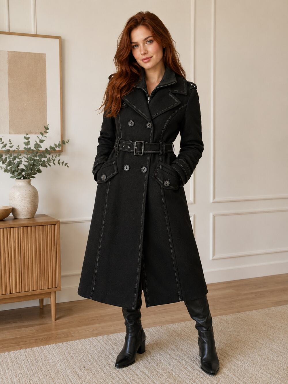 Mystic Black Wool Blend Lined Zipper and Button Front Belted Trench Coat S